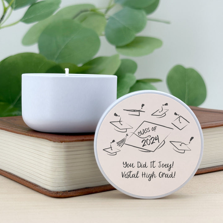 Unique Graduation Favors, Personalized Candles, Grad Party Favors, Hand Drawn Cap Mortarboard Sketch, 2oz Mini Lavender Candles