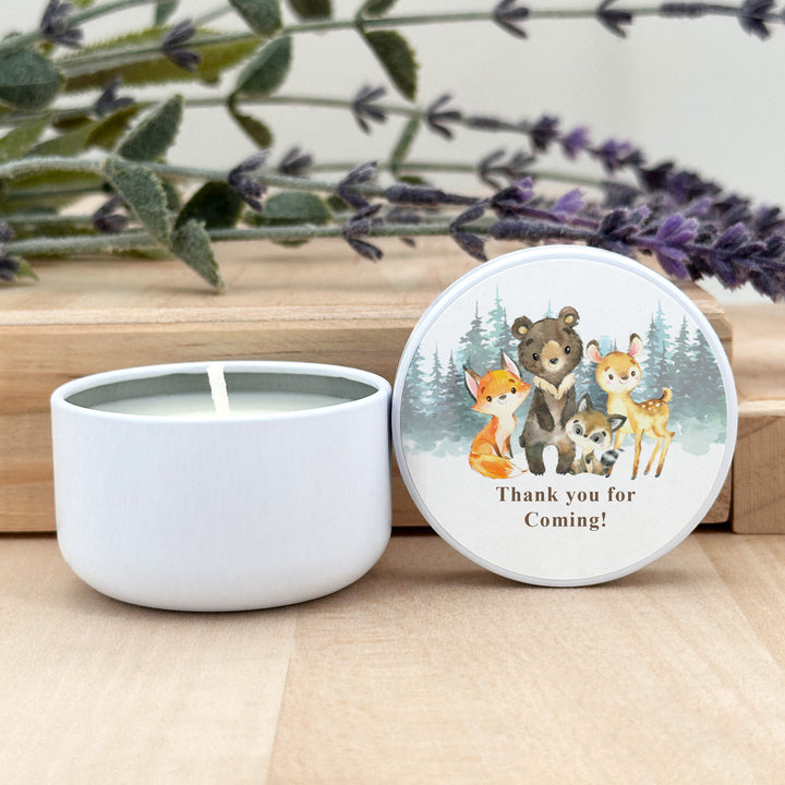 Personalized Candles, Baby Shower Candle Favors, Woodland Animals, 2oz Mini Lavender Candles