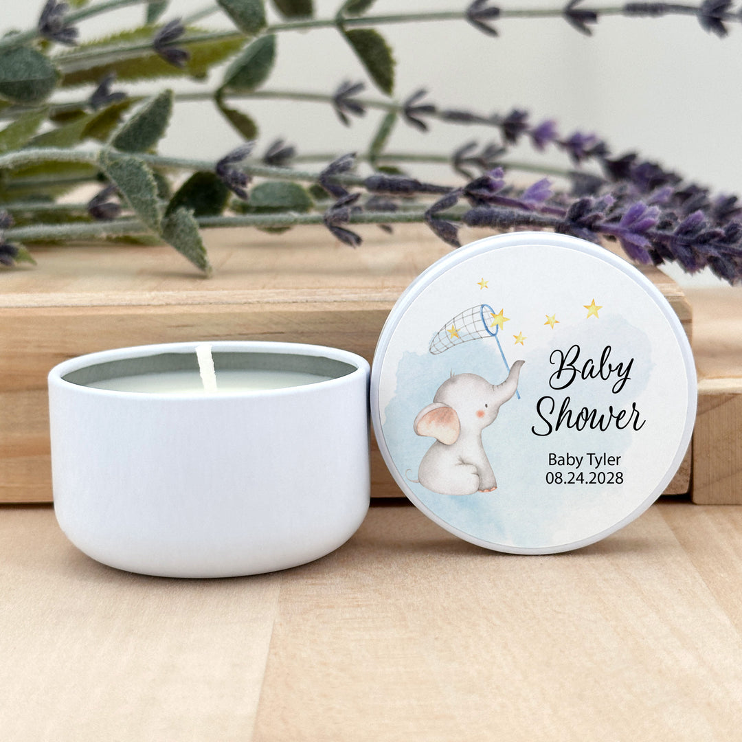 Personalized Candles, Baby Shower Candle Favors, Blue Elephant, 2oz Mini Lavender Candles