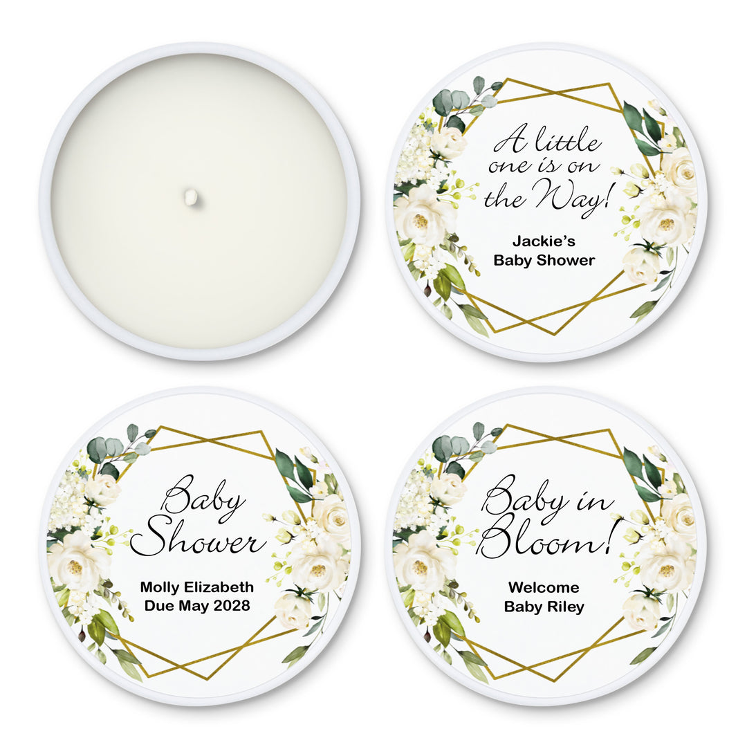 Custom Candles, Candle Favors, Unique Baby Shower Favors, White Geometric Floral, 2oz Mini Lavender Candles