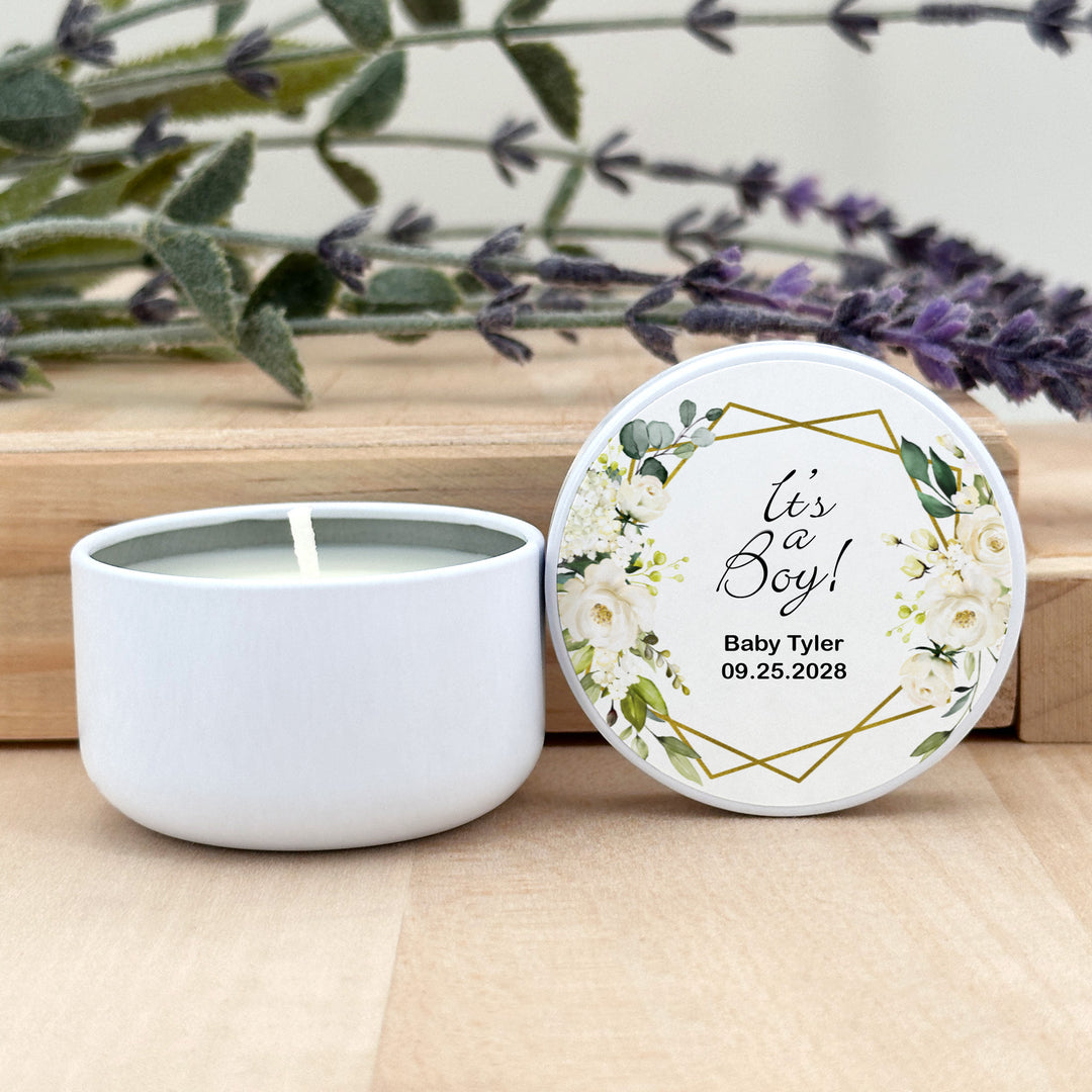 Custom Candles, Candle Favors, Unique Baby Shower Favors, White Geometric Floral, 2oz Mini Lavender Candles