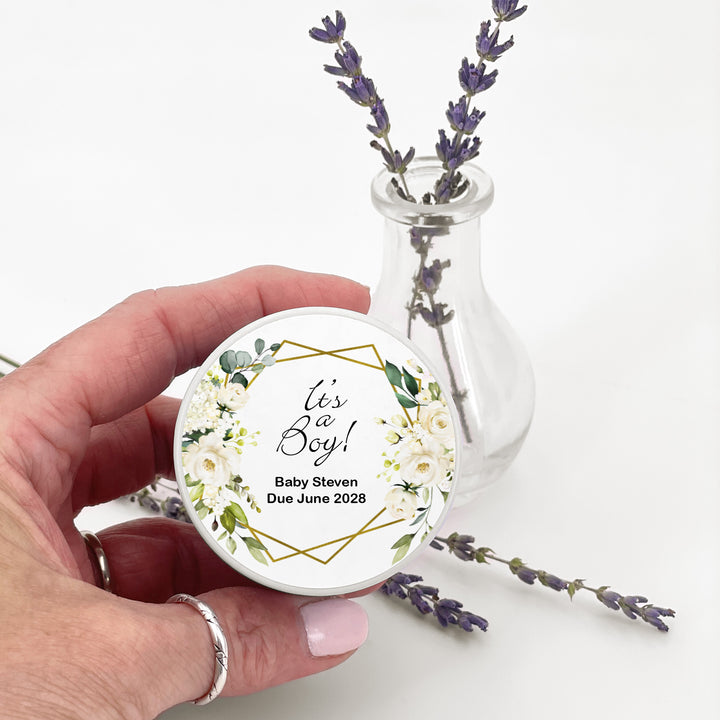 Custom Candles, Candle Favors, Unique Baby Shower Favors, White Geometric Floral, 2oz Mini Lavender Candles