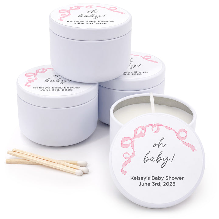 Personalized Candles, Baby Shower Candle Favors, Hand Drawn Ribbon, Oh Baby, 2oz Mini Lavender Candles