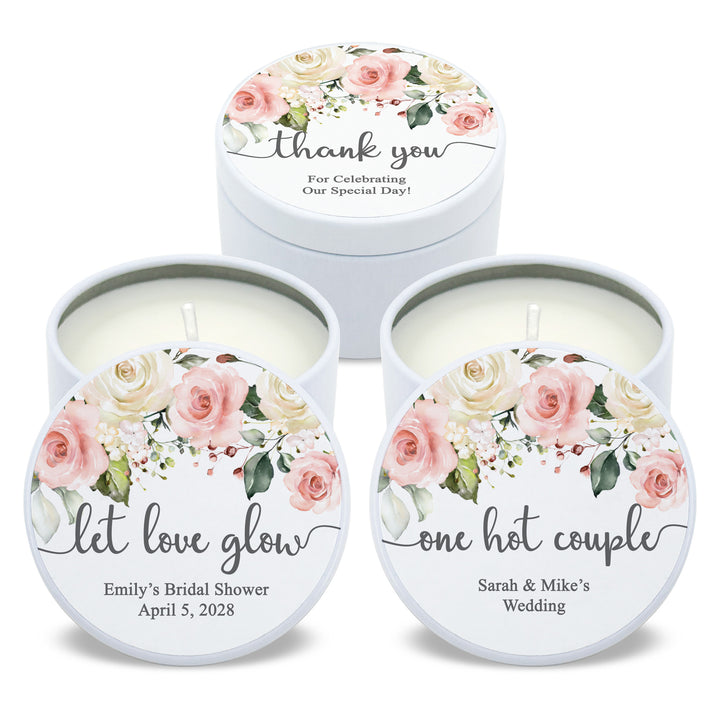 Unique Wedding Favors, Personalized Candles, Pink and White Floral, 2oz Mini Lavender Candles