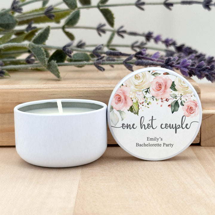 Unique Wedding Favors, Personalized Candles, Pink and White Floral, 2oz Mini Lavender Candles