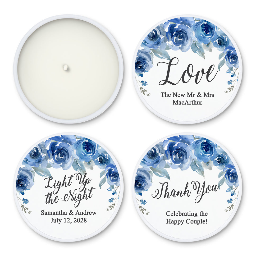 Unique Wedding Favors, Personalized Candles, Blue Floral, 2oz Mini Lavender Candles