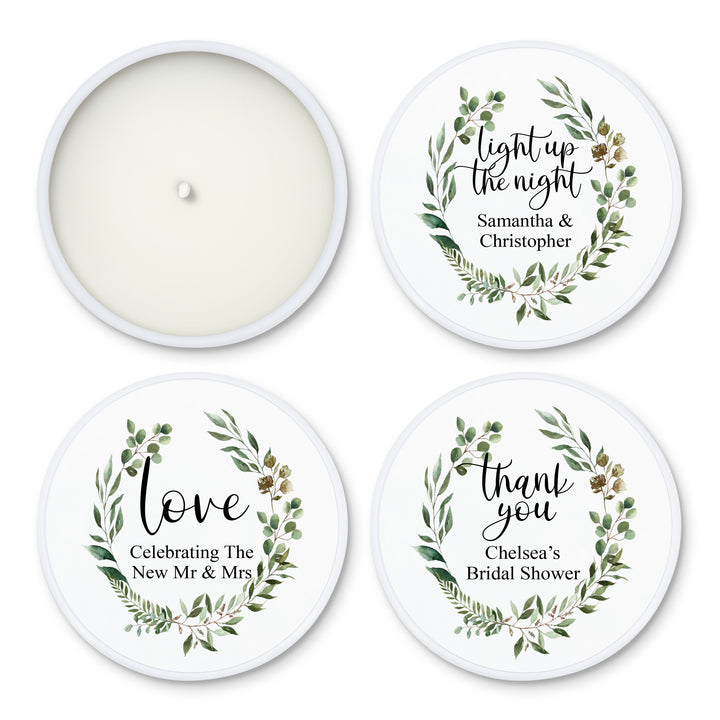Unique Wedding Favors, Personalized Candles, Custom Candles, Greenery Wreath, 2oz Mini Lavender Candles