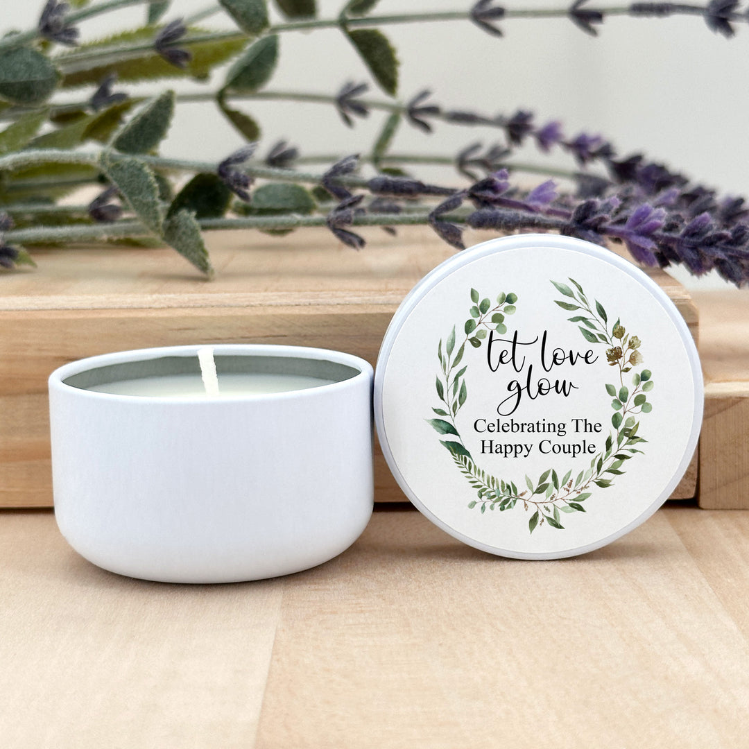 Unique Wedding Favors, Personalized Candles, Custom Candles, Greenery Wreath, 2oz Mini Lavender Candles