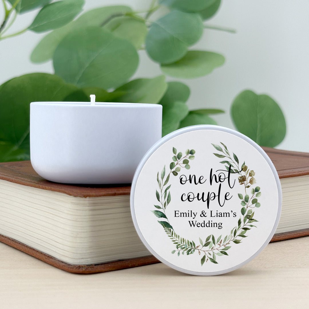 Unique Wedding Favors, Personalized Candles, Custom Candles, Greenery Wreath, 2oz Mini Lavender Candles