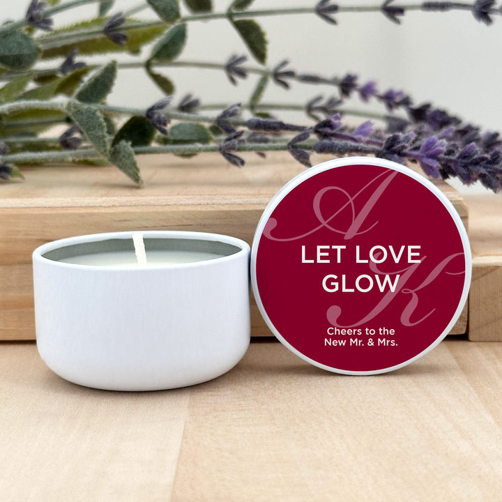 Bulk Wedding Favors, Unique Wedding Favors, Custom Candles, Wedding Initials, Let Love Glow, Faded Script Monogram, 2oz Mini Lavender Candles