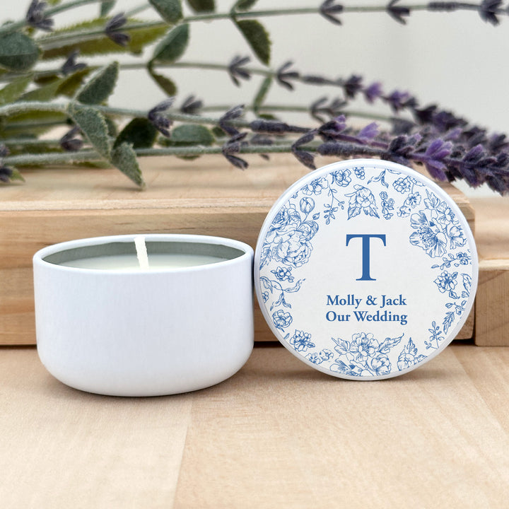 Bulk Wedding Favors, Unique Wedding Favors, Custom Candles, Blue Floral Chinoiserie, Blue French Toile Monogram, 2oz Mini Lavender Candles