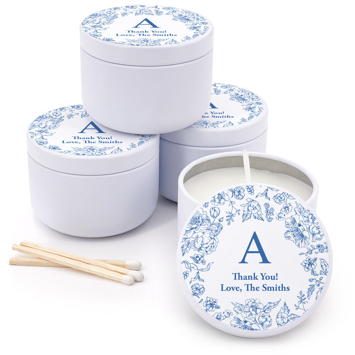 Bulk Wedding Favors, Unique Wedding Favors, Custom Candles, Blue Floral Chinoiserie, Blue French Toile Monogram, 2oz Mini Lavender Candles