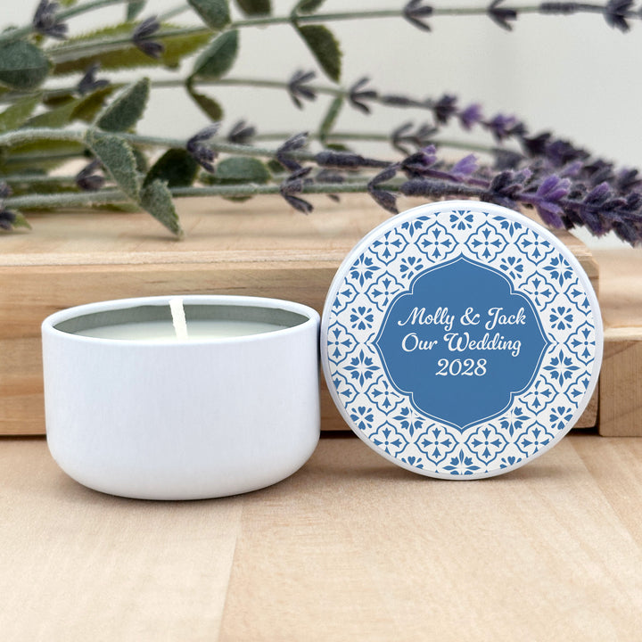 Custom Candle Wedding Favors, Amalfi Coast Italian Wedding, Mediterranean Tile, 2oz Mini Lavender Candles