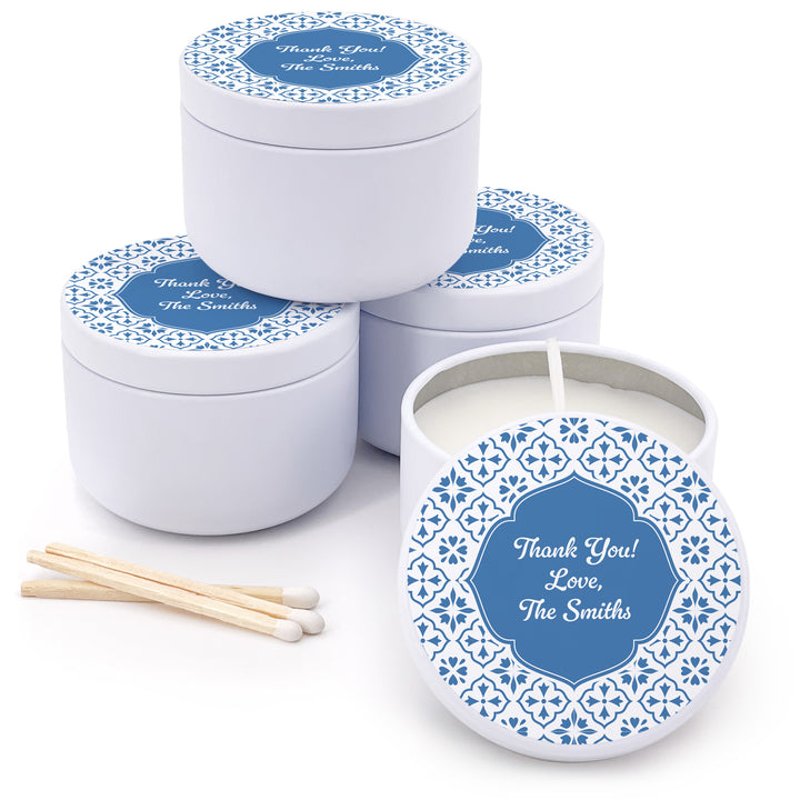 Custom Candle Wedding Favors, Amalfi Coast Italian Wedding, Mediterranean Tile, 2oz Mini Lavender Candles
