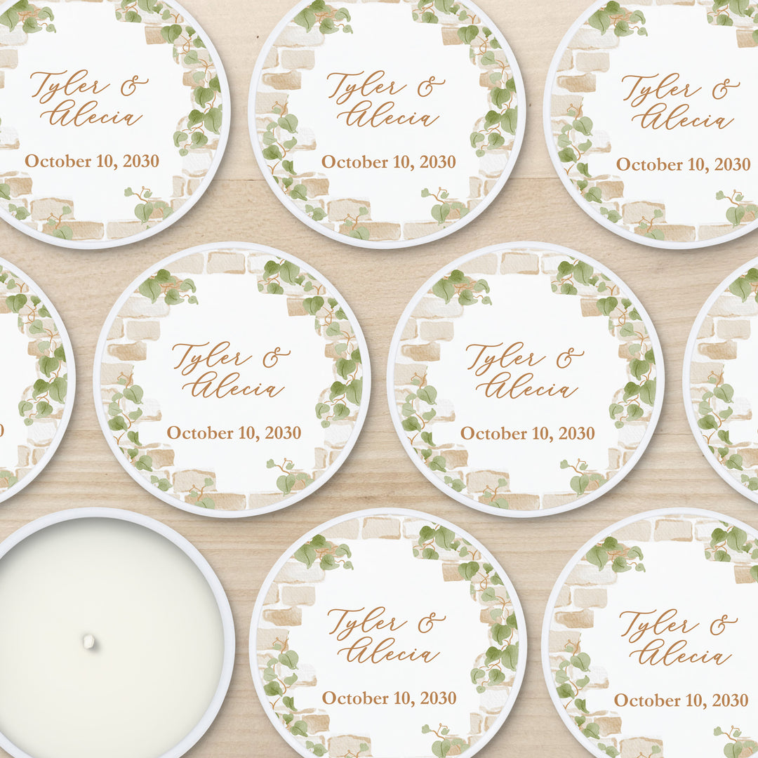 Fall Candle Wedding Favors, Stone Wall with Vines, 2 oz mini lavender candles