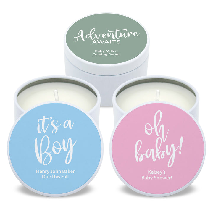 Unique Baby Shower Favors, Personalized Candles, Oh Baby, It's a Boy, It's a Girl, 2oz Mini Lavender Candles