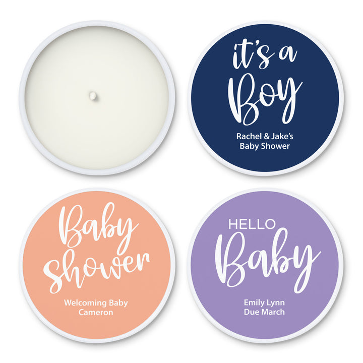 Unique Baby Shower Favors, Personalized Candles, Oh Baby, It's a Boy, It's a Girl, 2oz Mini Lavender Candles