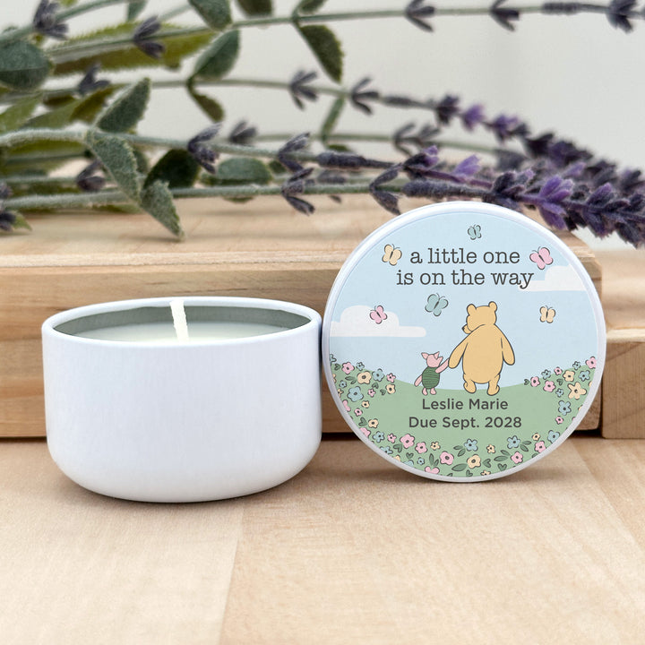 Personalized Candles, Baby Shower Candle Favors, Winnie the Pooh and Piglet Blue Skies, 2oz Mini Lavender Candles