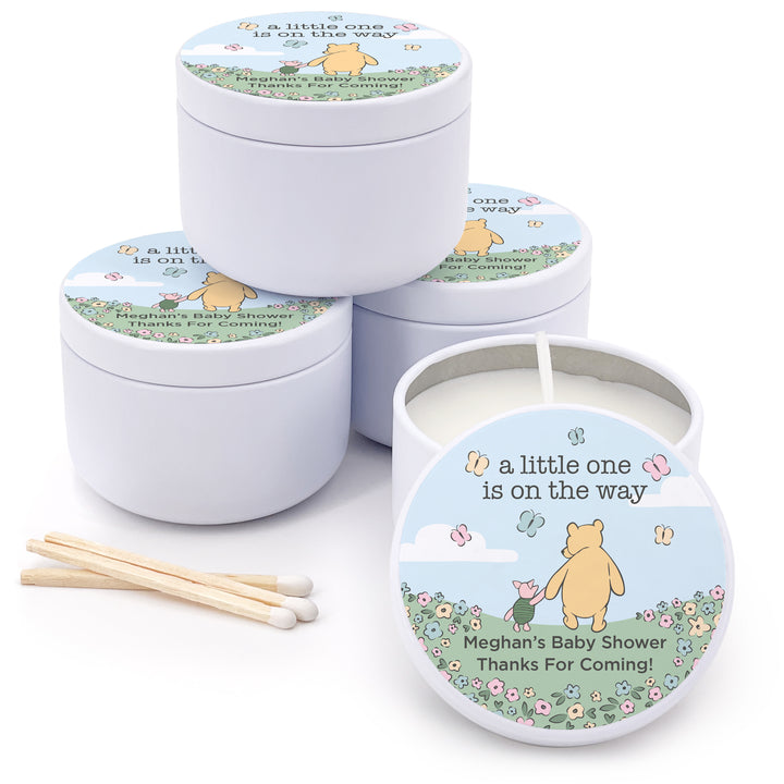 Personalized Candles, Baby Shower Candle Favors, Winnie the Pooh and Piglet Blue Skies, 2oz Mini Lavender Candles