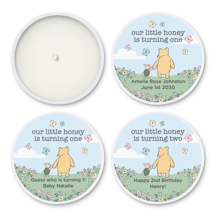 Winnie the Pooh and Piglet Blue Skies Birthday, Our Little Honey is Turning One, 2oz Mini Lavender Candles