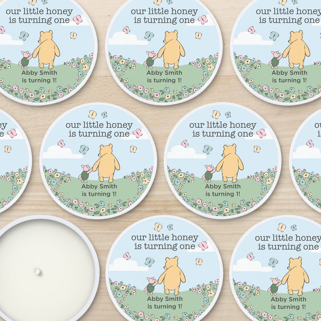 Winnie the Pooh and Piglet Blue Skies Birthday, Our Little Honey is Turning One, 2oz Mini Lavender Candles