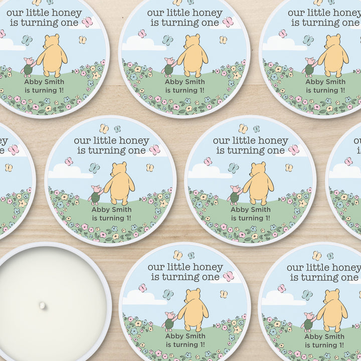 Winnie the Pooh and Piglet Blue Skies Birthday, Our Little Honey is Turning One, 2oz Mini Lavender Candles
