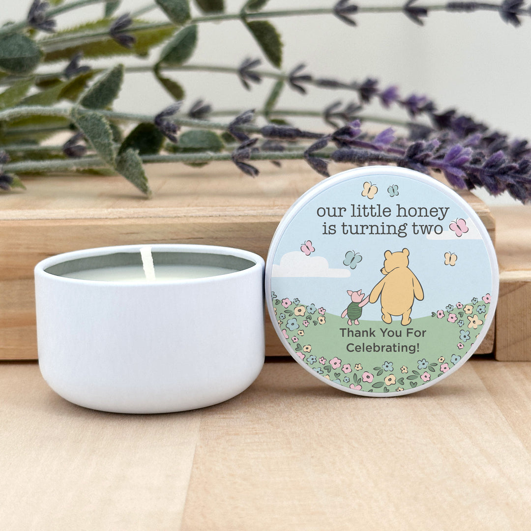 Winnie the Pooh and Piglet Blue Skies Birthday, Our Little Honey is Turning One, 2oz Mini Lavender Candles