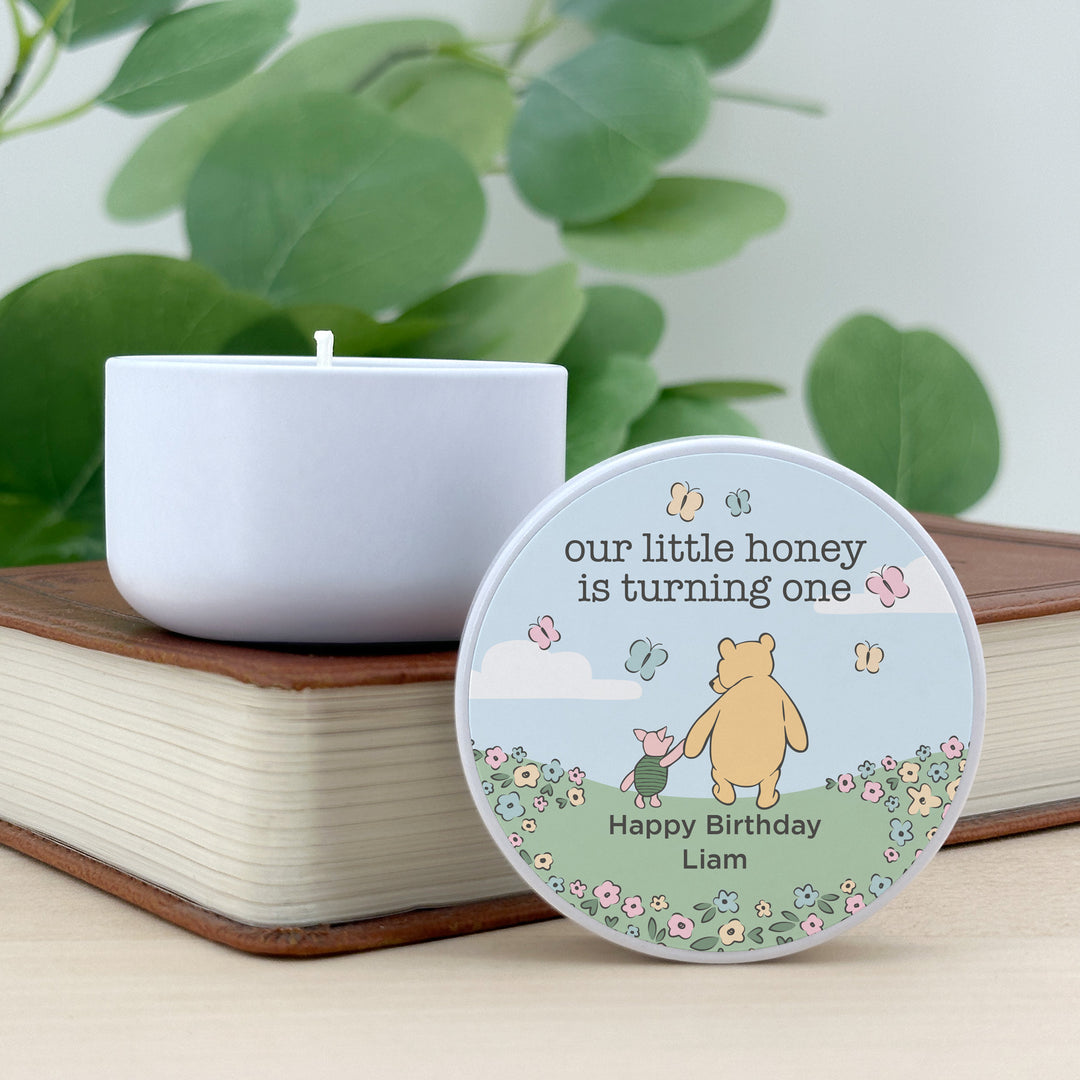 Winnie the Pooh and Piglet Blue Skies Birthday, Our Little Honey is Turning One, 2oz Mini Lavender Candles