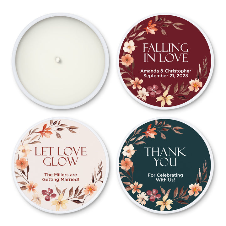 Bulk Wedding Favors, Unique Wedding Favors, Custom Candles, Fall Watercolor Wreath, Falling in Love, 2oz Mini Lavender Candles