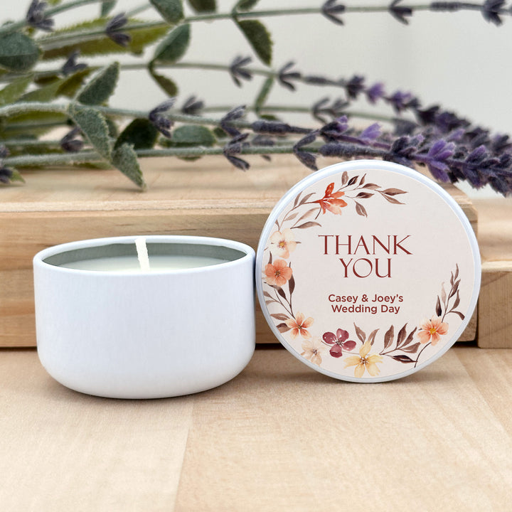 Bulk Wedding Favors, Unique Wedding Favors, Custom Candles, Fall Watercolor Wreath, Falling in Love, 2oz Mini Lavender Candles