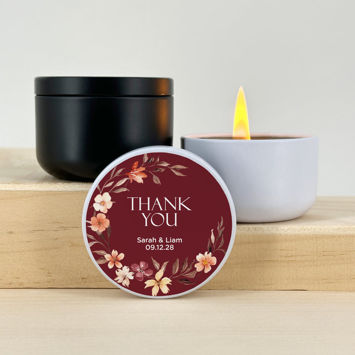 Bulk Wedding Favors, Unique Wedding Favors, Custom Candles, Fall Watercolor Wreath, Falling in Love, 2oz Mini Lavender Candles