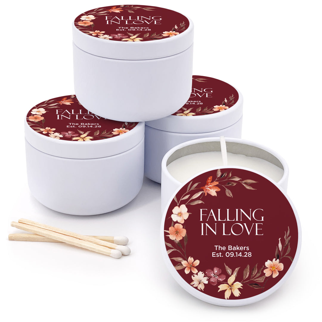 Bulk Wedding Favors, Unique Wedding Favors, Custom Candles, Fall Watercolor Wreath, Falling in Love, 2oz Mini Lavender Candles