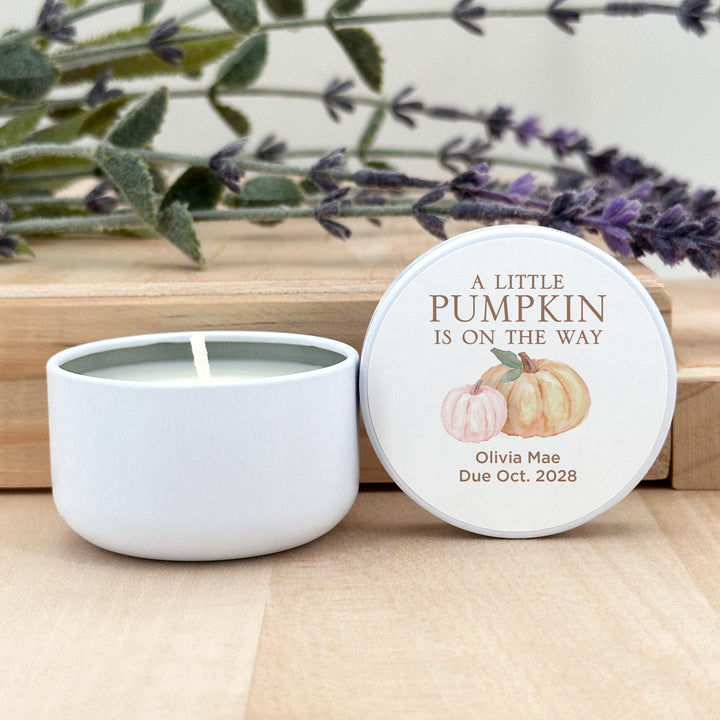 Personalized Candles, Baby Shower Candle Favors, A Little Pumpkin is on the Way, Watercolor Pumpkins, 2oz Mini Lavender Candles