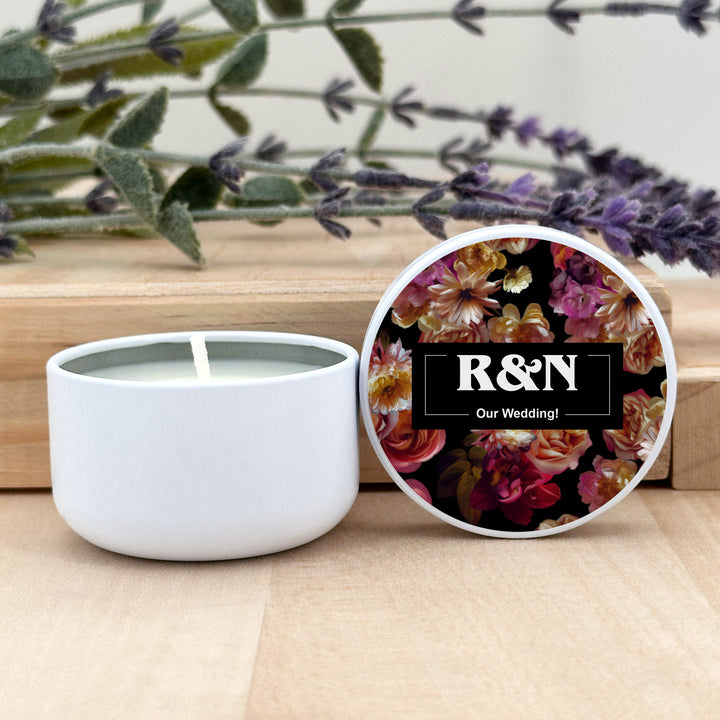 Custom Candle Wedding Favors, Dutch Florals, Dark Floral Candles, 2oz Mini Lavender Candles