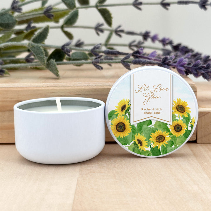 Custom Candle Wedding Favors, Fall Wedding, Sunflowers, 2oz Mini Lavender Candles
