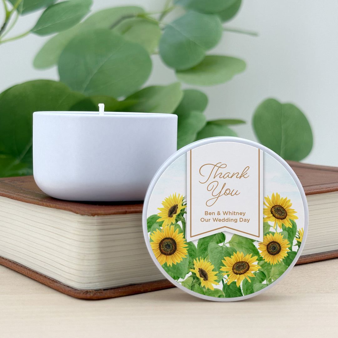 Custom Candle Wedding Favors, Fall Wedding, Sunflowers, 2oz Mini Lavender Candles