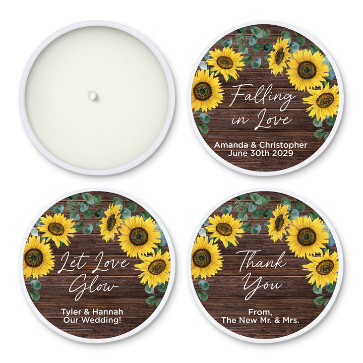Custom Candle Wedding Favors, Fall Wedding, Rustic Sunflowers, 2oz Mini Lavender Candles