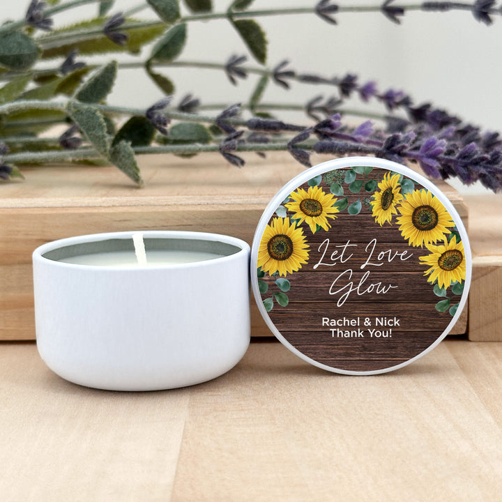 Custom Candle Wedding Favors, Fall Wedding, Rustic Sunflowers, 2oz Mini Lavender Candles