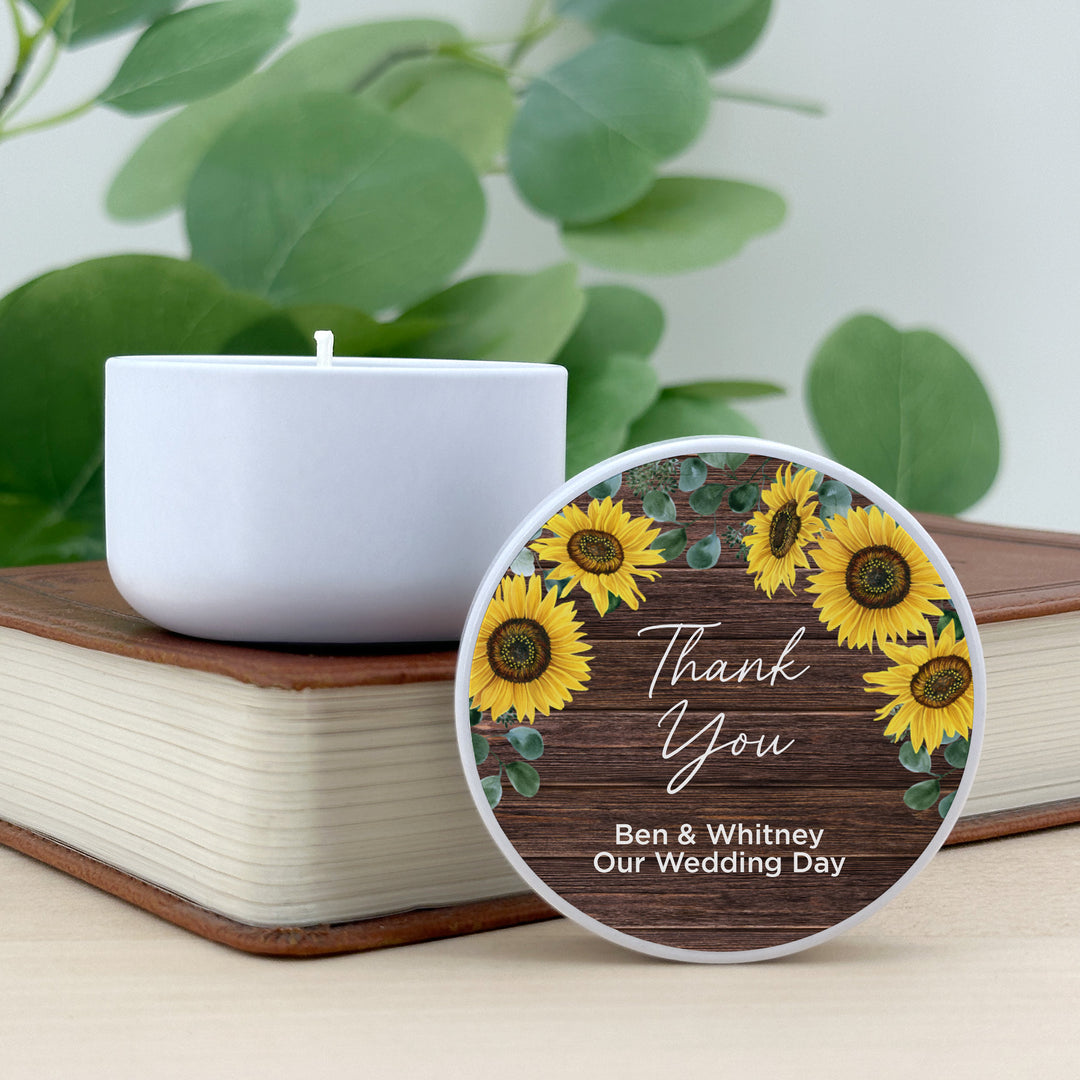 Custom Candle Wedding Favors, Fall Wedding, Rustic Sunflowers, 2oz Mini Lavender Candles