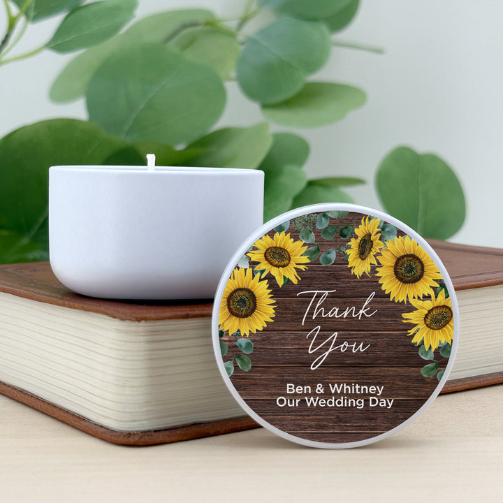 Custom Candle Wedding Favors, Fall Wedding, Rustic Sunflowers, 2oz Mini Lavender Candles
