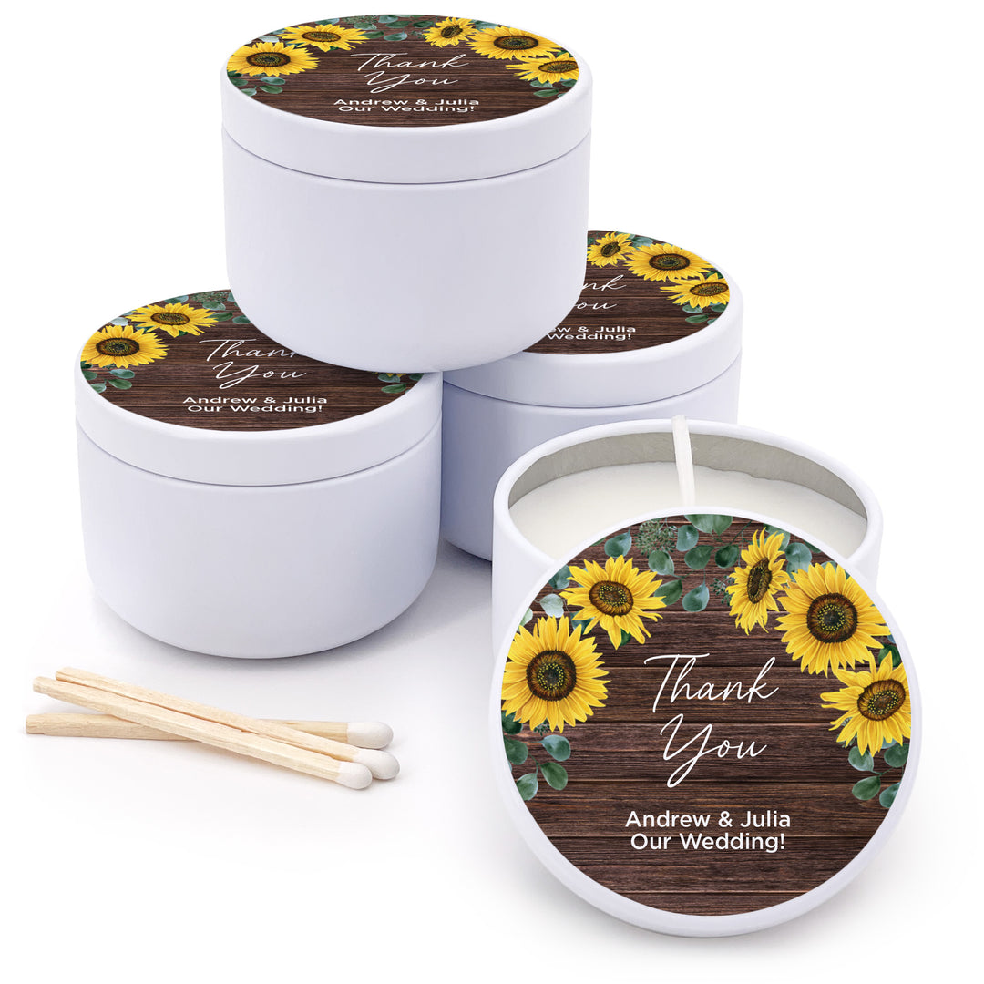 Custom Candle Wedding Favors, Fall Wedding, Rustic Sunflowers, 2oz Mini Lavender Candles