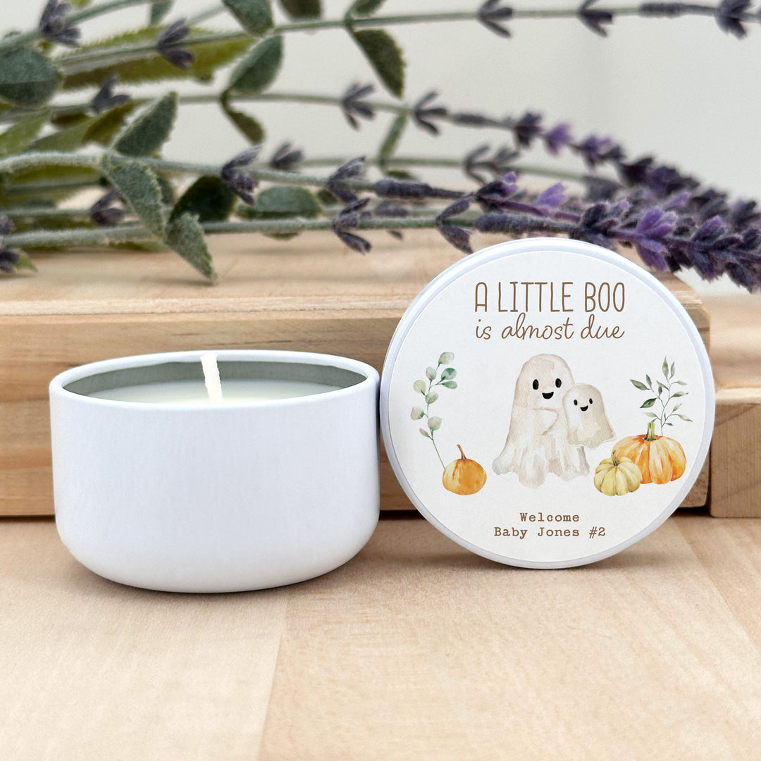 A Little Boo is Almost Due, Fall Baby Shower Candle Favors, 2oz Mini Lavender Candles