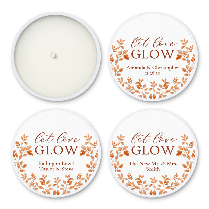 Fall Candle Wedding Favors, Let Love Glow, Autumn Leaves, 2 oz mini tin candles