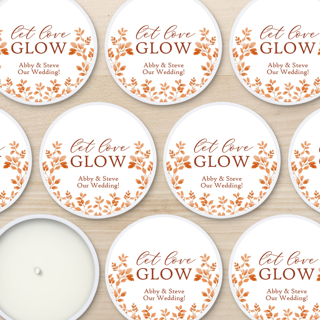 Fall Candle Wedding Favors, Let Love Glow, Autumn Leaves, 2 oz mini tin candles