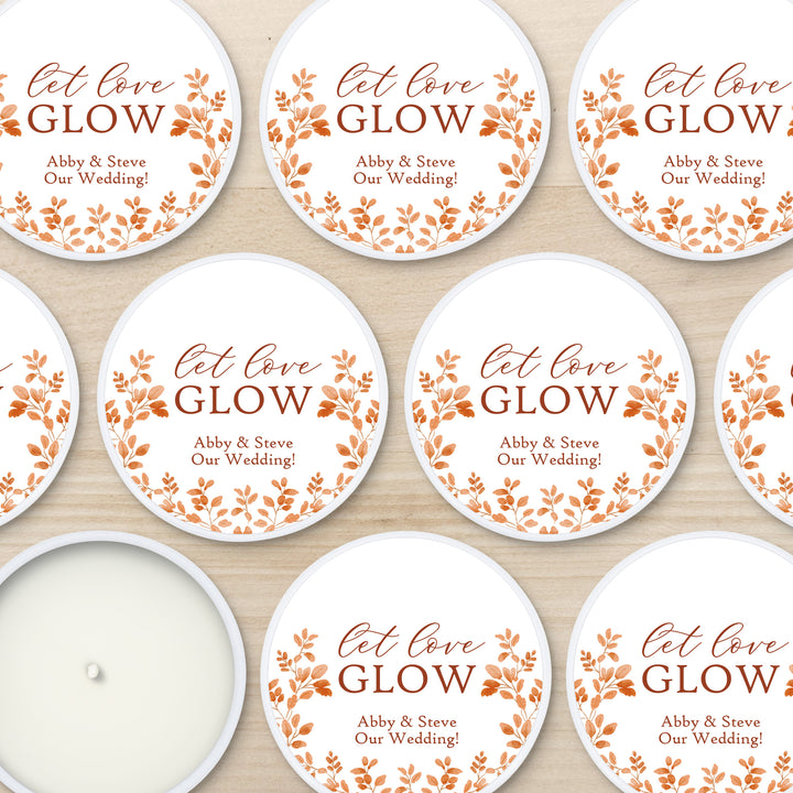 Fall Candle Wedding Favors, Let Love Glow, Autumn Leaves, 2 oz mini tin candles