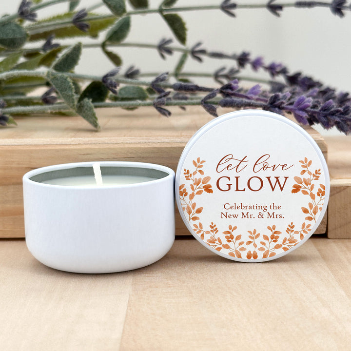 Fall Candle Wedding Favors, Let Love Glow, Autumn Leaves, 2 oz mini tin candles