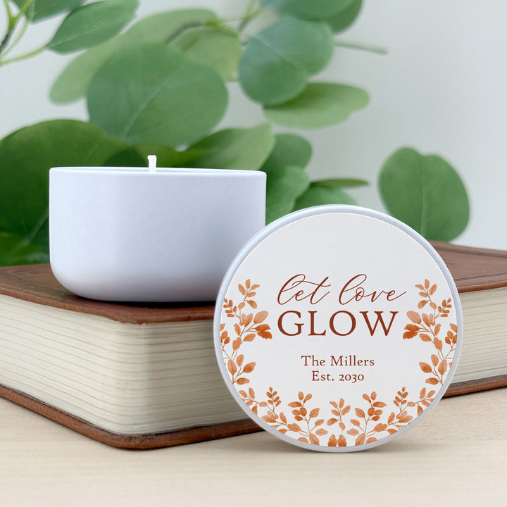 Fall Candle Wedding Favors, Let Love Glow, Autumn Leaves, 2 oz mini tin candles