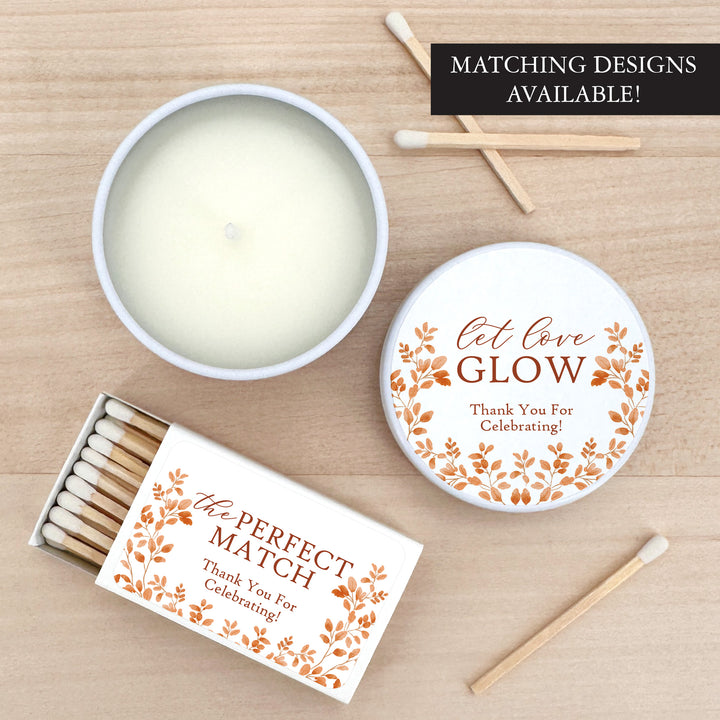 Fall Candle Wedding Favors, Let Love Glow, Autumn Leaves, 2 oz mini tin candles