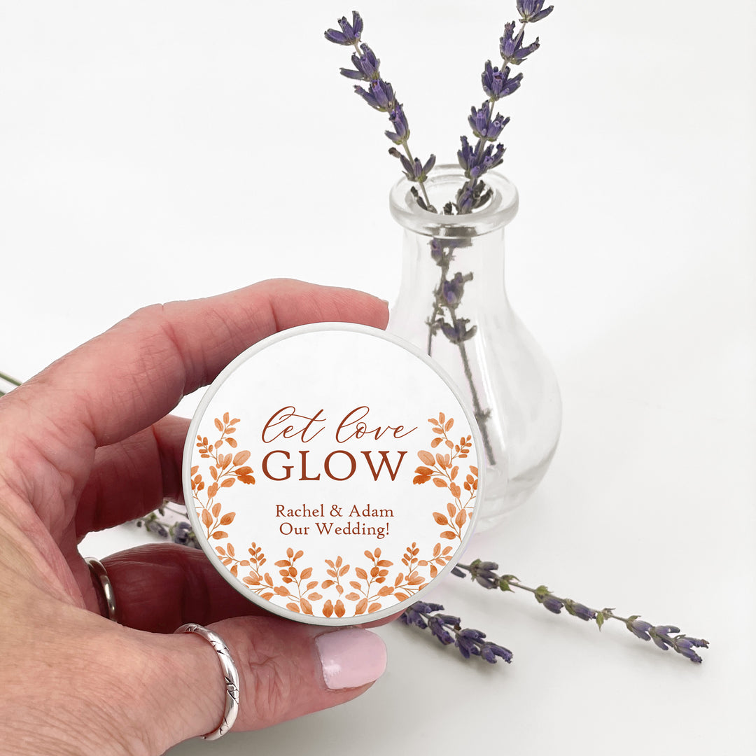 Fall Candle Wedding Favors, Let Love Glow, Autumn Leaves, 2 oz mini tin candles