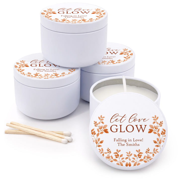 Fall Candle Wedding Favors, Let Love Glow, Autumn Leaves, 2 oz mini tin candles